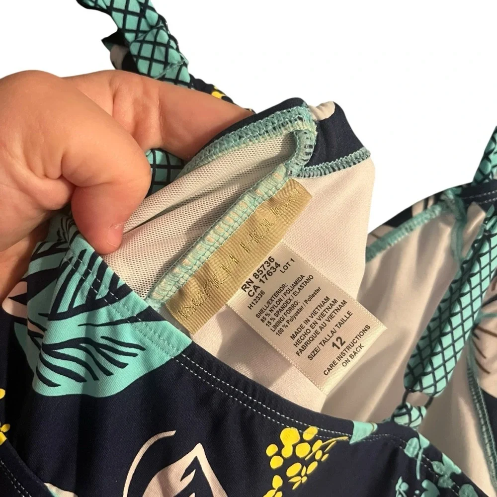 Beach House Swim Dress 12 Blue White Hawaiian Tropical Floral Wireless One Piece